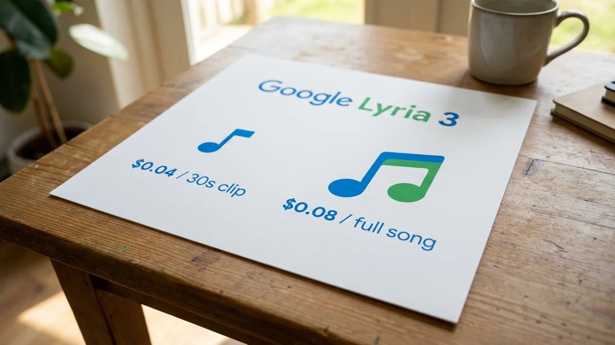 Bar chart comparing Lyria 3 Clip at $0.04 and Lyria 3 Pro at $0.08 per track