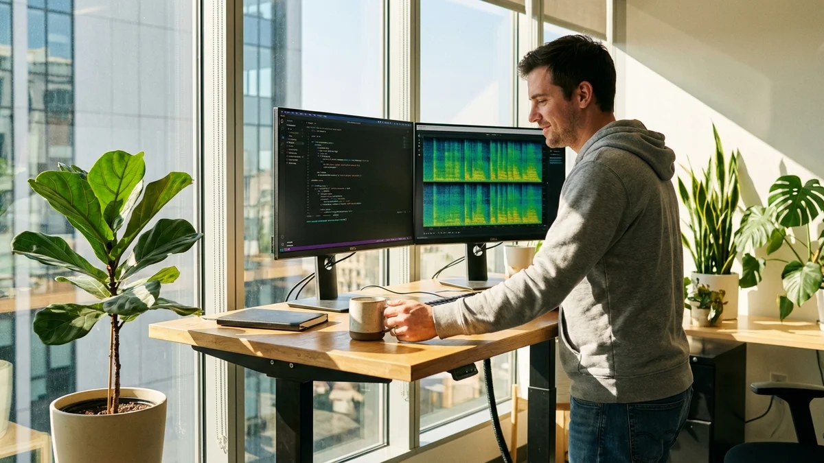 Software developer at standing desk with code and audio waveforms on dual monitors