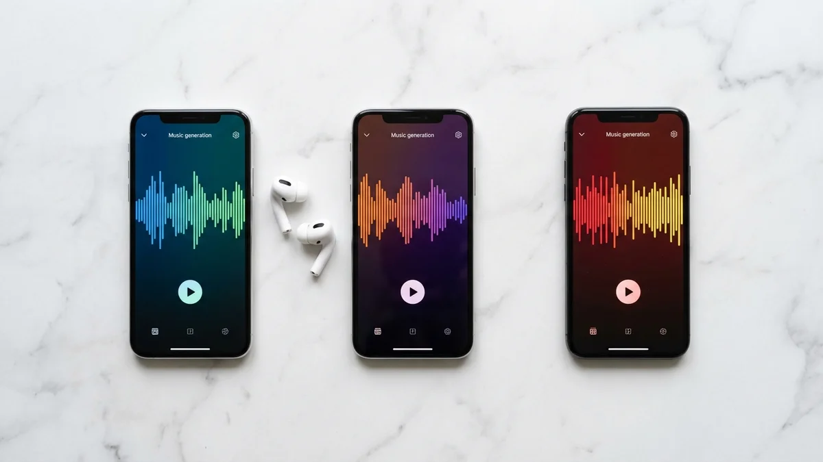 Three smartphones displaying competing AI music generation apps side by side