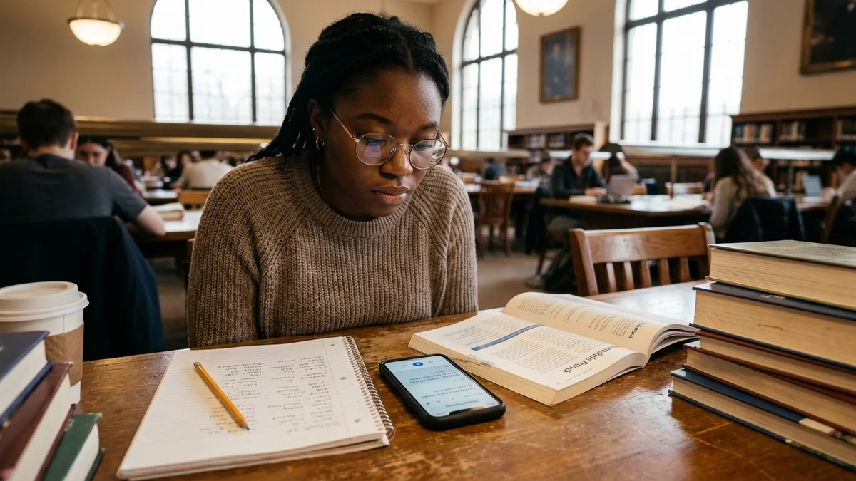 Student at library desk using Google Translate alongside language textbook for studying