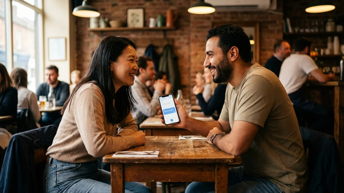 Two people communicating at a restaurant using phone translation app between them