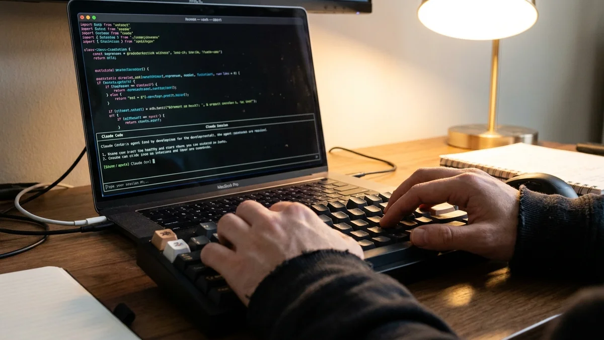 Developer hands typing on mechanical keyboard with a coding agent running in terminal