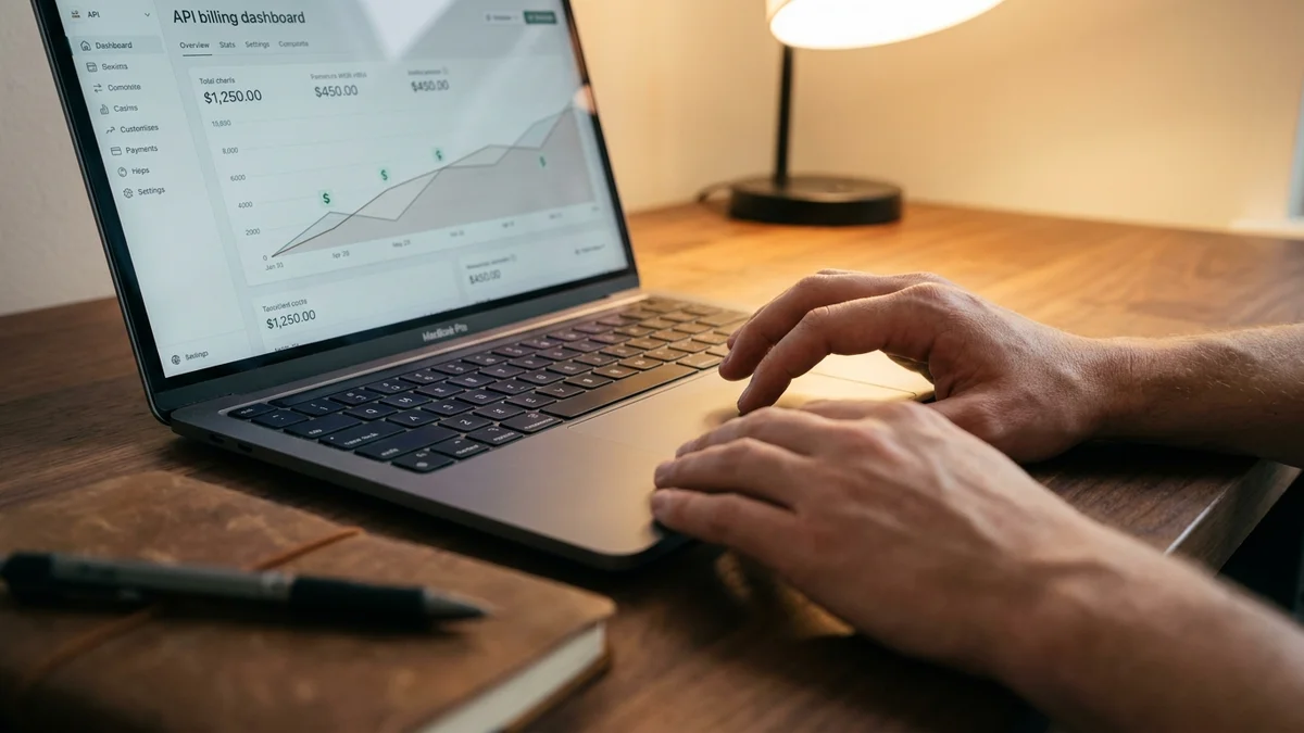 Developer hands on a MacBook trackpad reviewing an API billing dashboard with usage charts