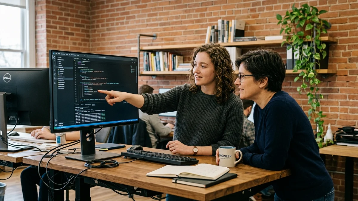Two software engineers collaborating at a monitor while debugging code in a modern office