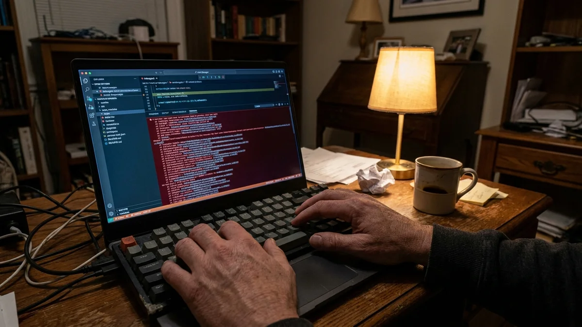 Hands typing on a mechanical keyboard next to a laptop showing a debugger