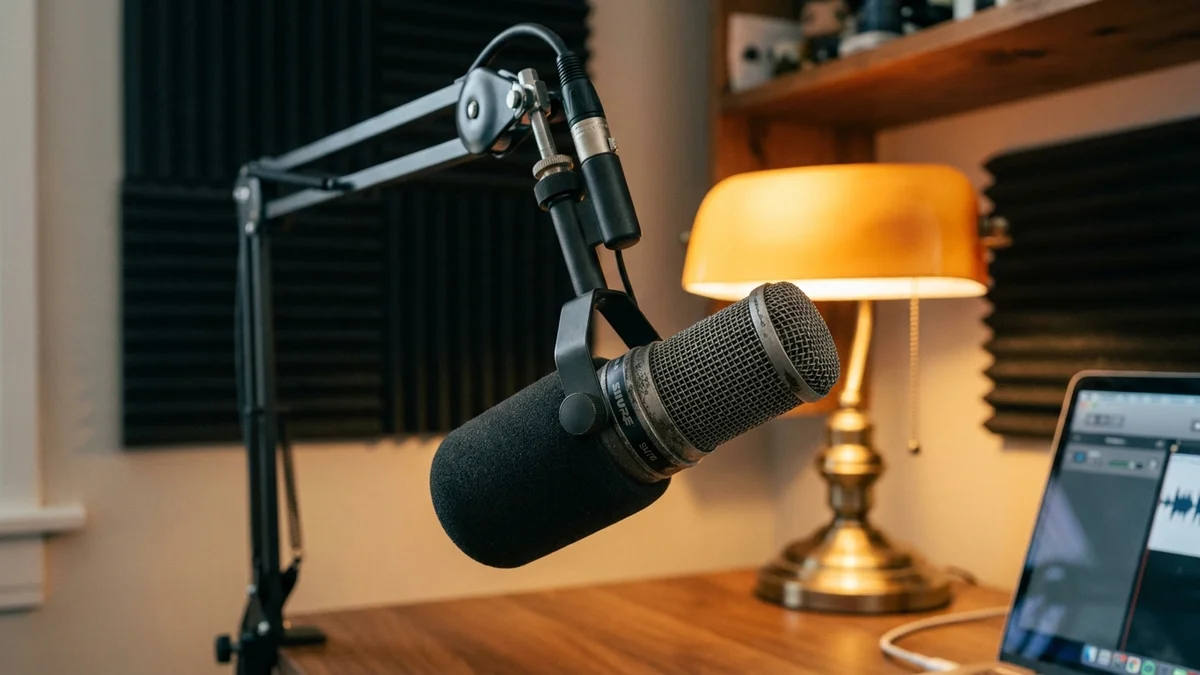 Podcast microphone on a boom arm in a home recording studio