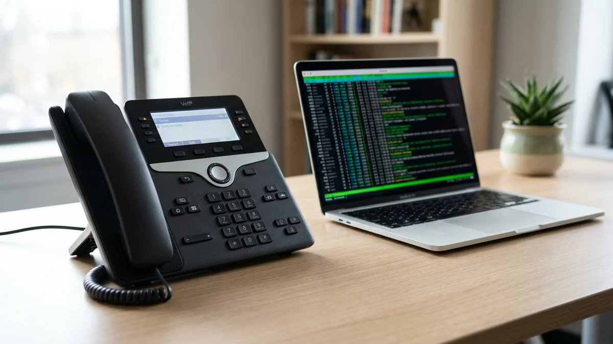 VoIP desk phone next to a laptop showing terminal output on an office desk
