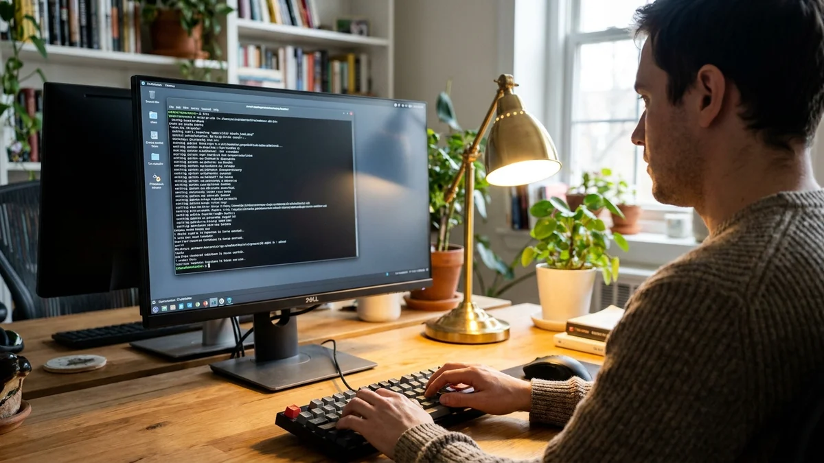 Software developer typing at a Dell monitor with code visible in a terminal window