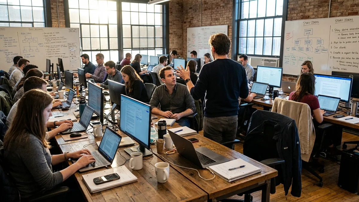 Busy modern newsroom with journalists working at desks with monitors