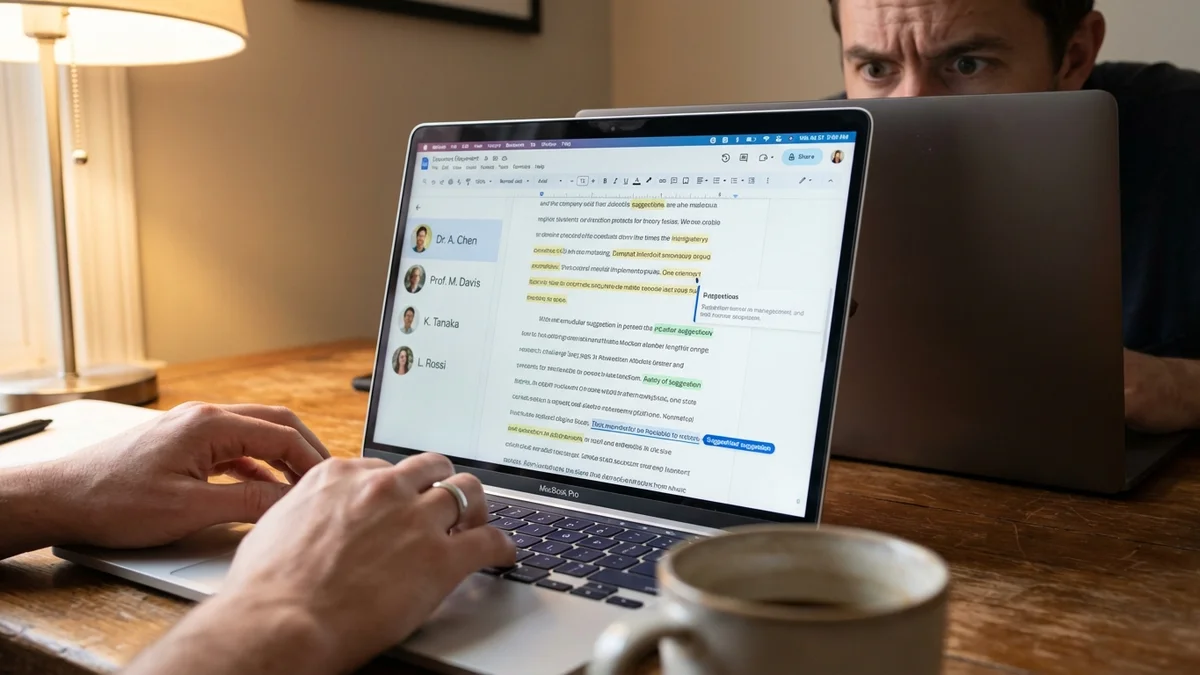 Laptop screen showing Grammarly Expert Review with listed expert names