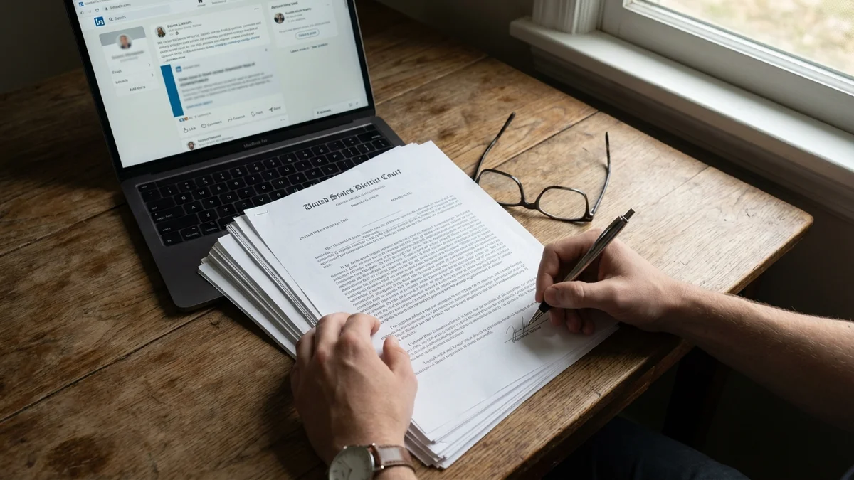 Legal documents on desk with laptop showing LinkedIn apology in background