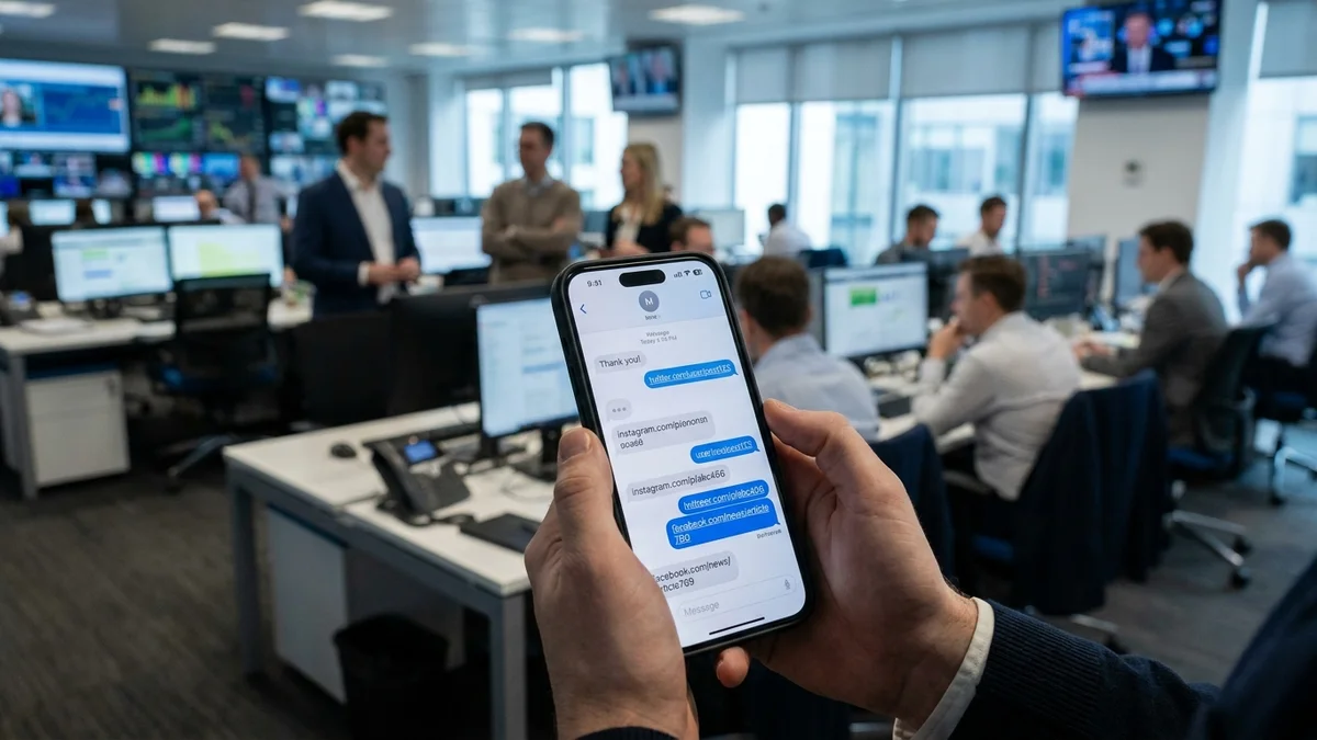 Hands holding iPhone showing Grok chat with X post citations in a blurred newsroom