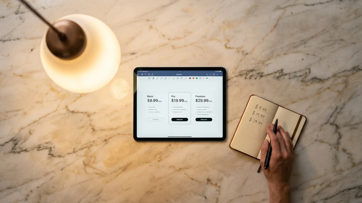 iPad showing AI subscription pricing tiers with handwritten notes in a notebook beside it