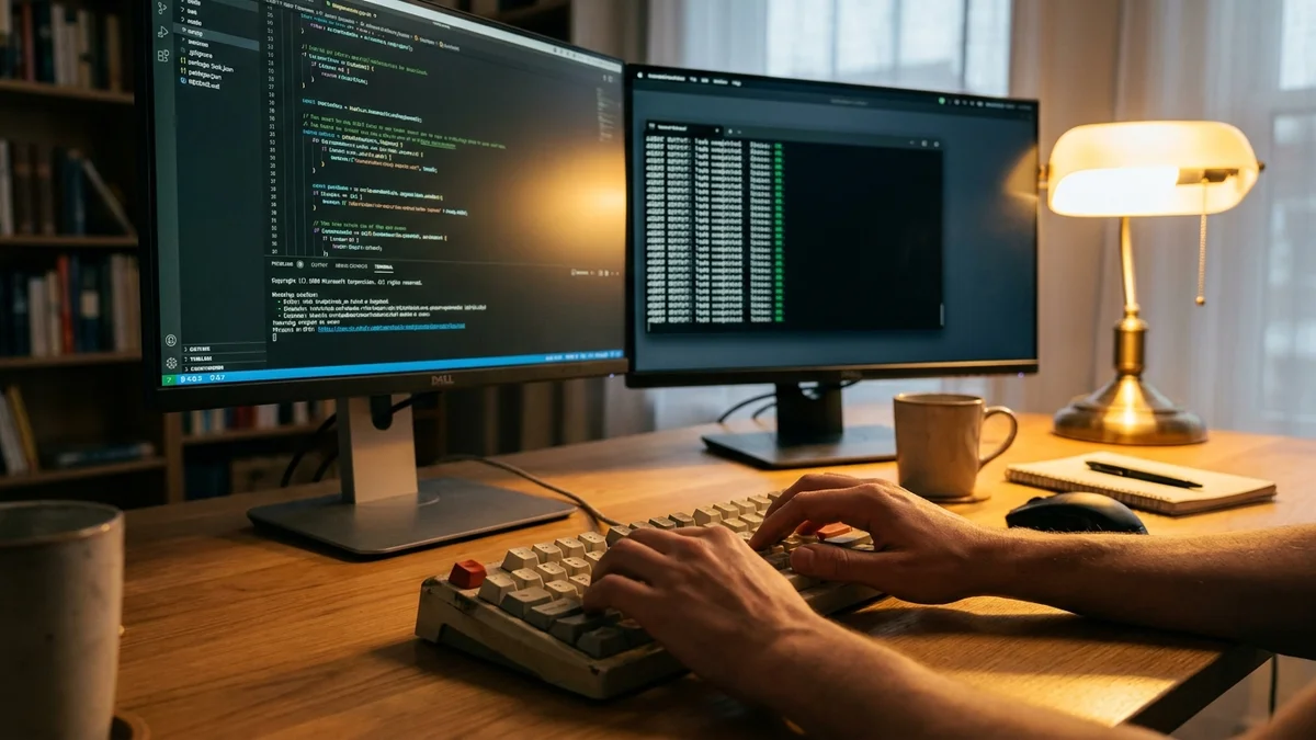 Developer hands on keyboard reviewing AI agent output on dual monitors
