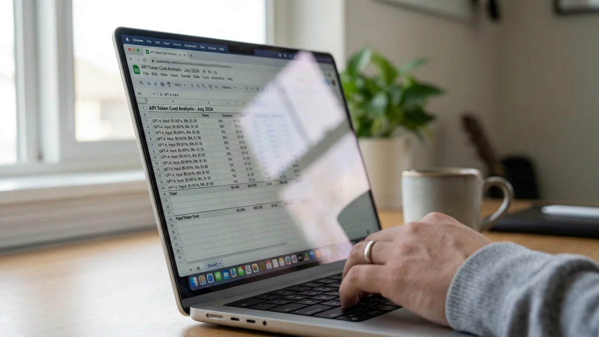 Laptop screen showing a spreadsheet with API token cost calculations