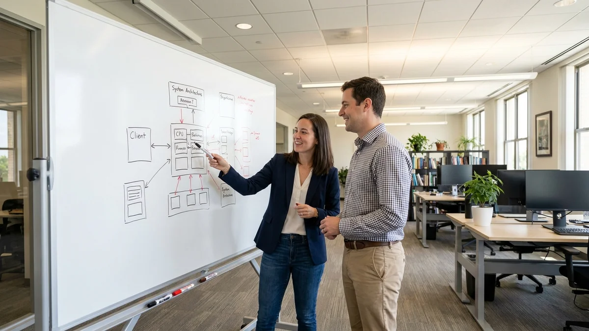 Two engineers discussing system architecture at a whiteboard with hand-drawn diagrams