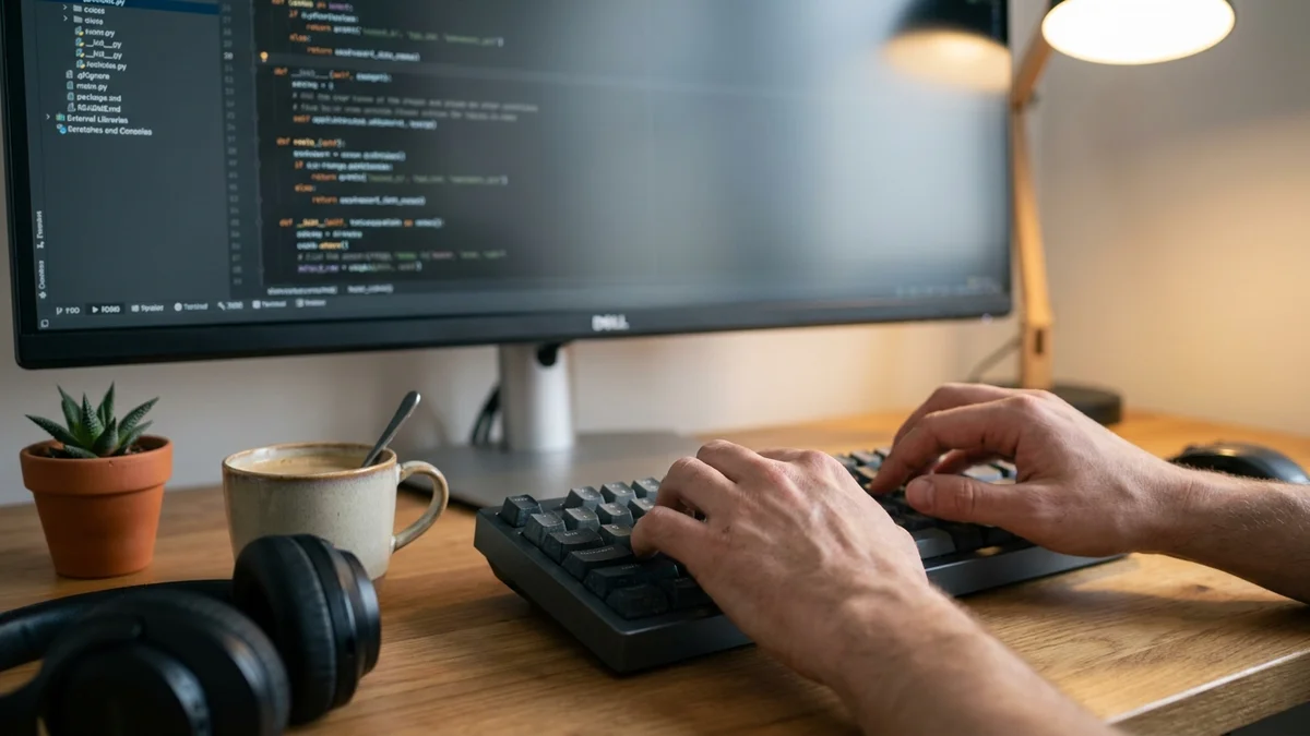 Developer hands typing on a mechanical keyboard with code editor visible on an ultrawide monitor