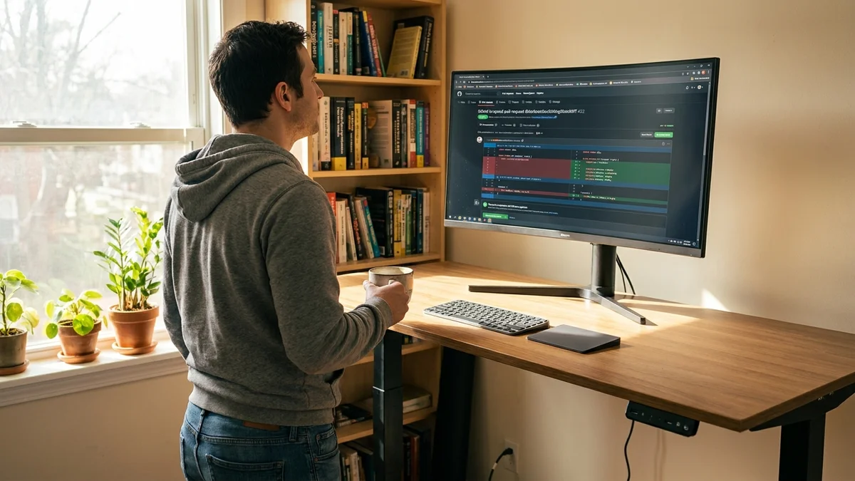 Developer at a standing desk reviewing a GitHub pull request on a large monitor in a bright home office