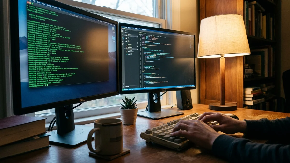 Developer working at dual-monitor setup with terminal and code editor visible