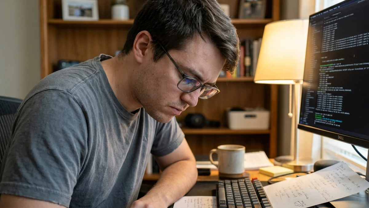 Software engineer leaning in to study AI model output on a desktop monitor