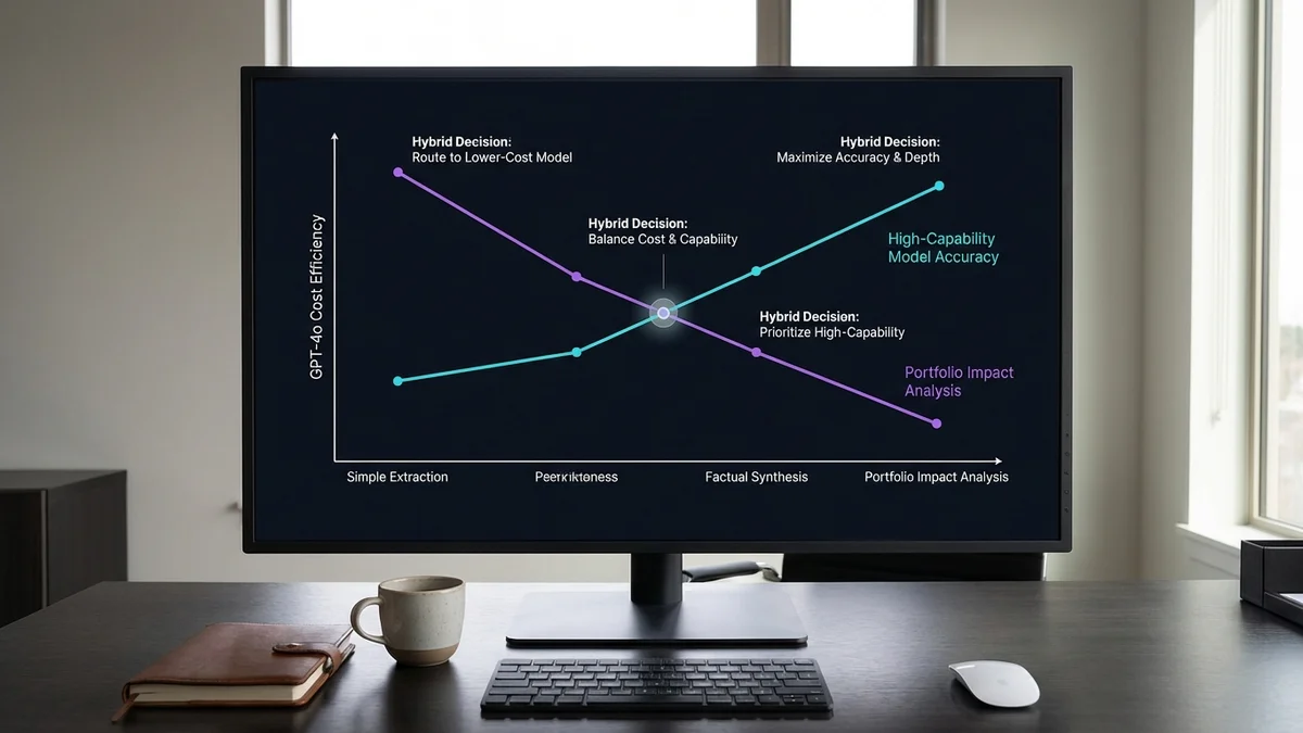 Chart comparing GPT-4o cost efficiency scores against high-capability model accuracy scores across four investment research task categories