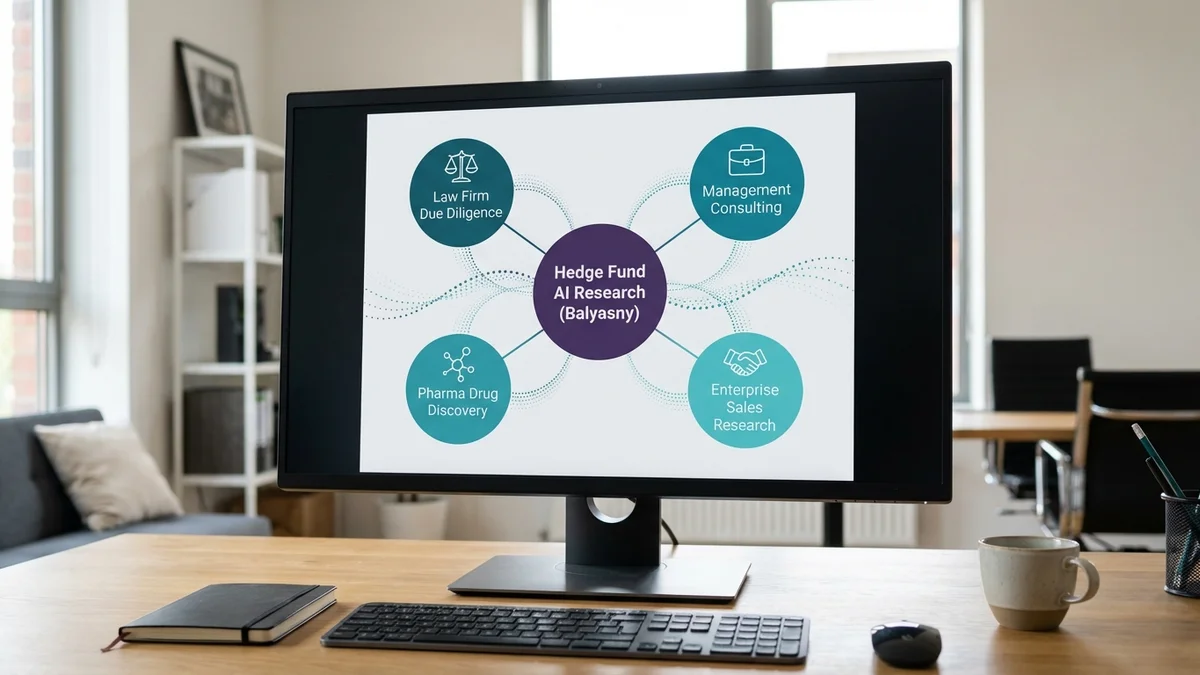 Network diagram showing how Balyasny's hedge fund AI research engine pattern applies across industries including law
