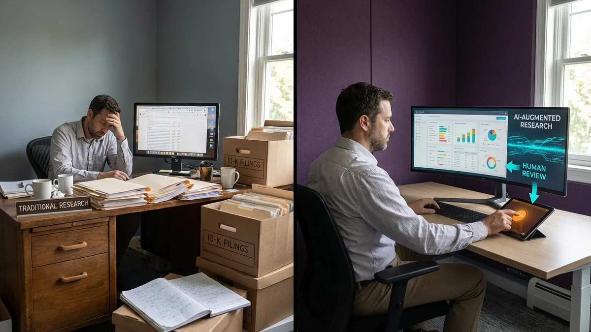 Split-screen comparison of traditional manual equity research versus Balyasny's AI-augmented human-in-the-loop