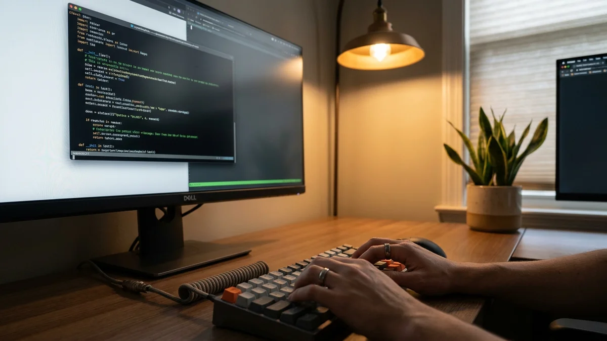 Developer typing Python code in a terminal on a desktop monitor