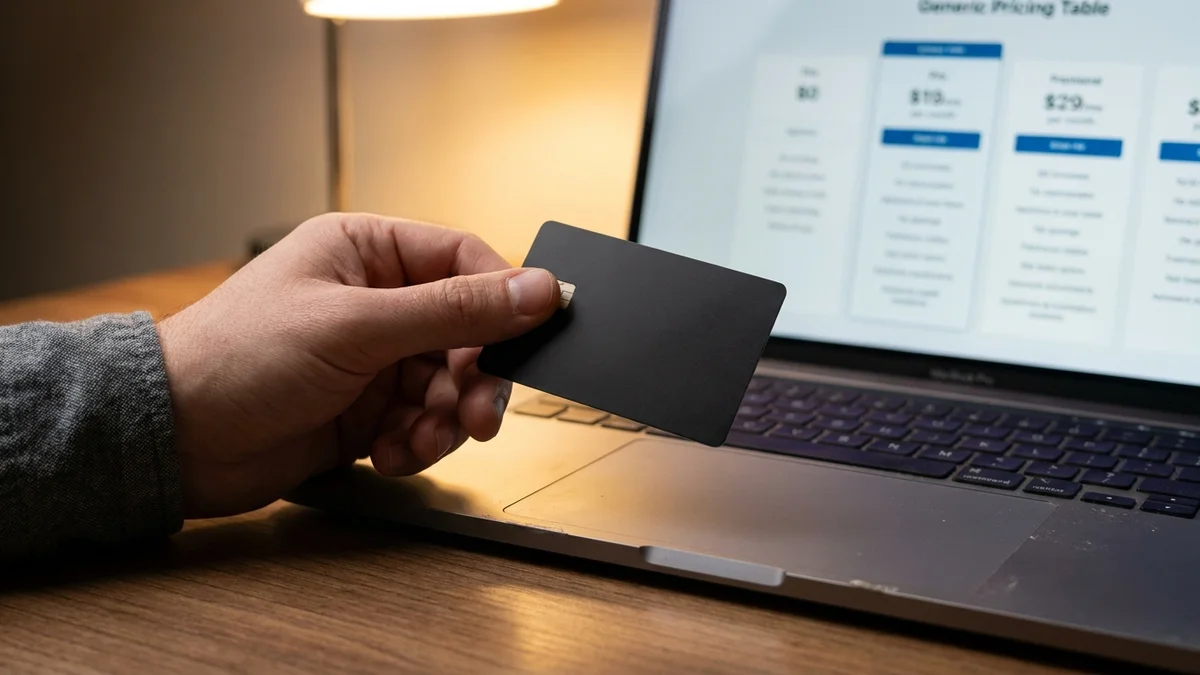 Hand with credit card next to a laptop showing a pricing page