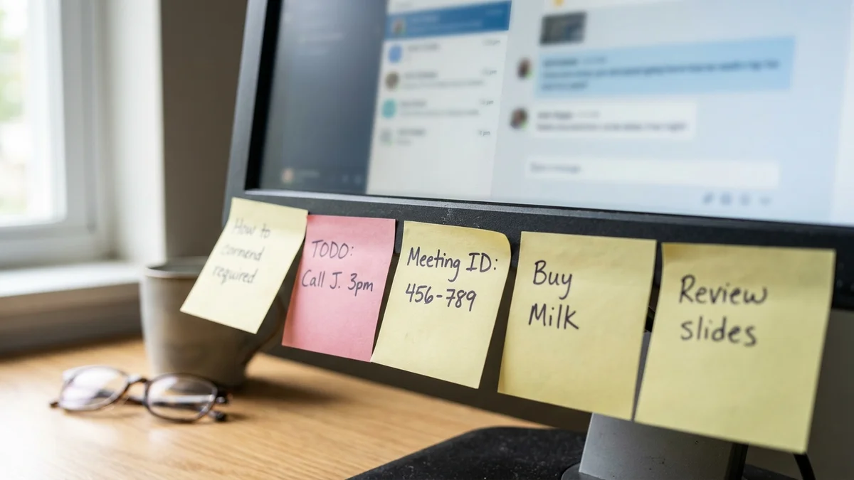 Yellow sticky notes with handwritten prompt tips stuck to a monitor