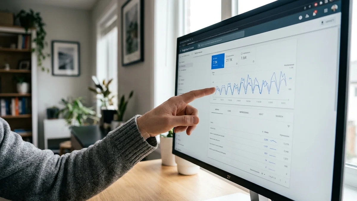 Hand pointing at monitor showing Google Search Console performance dashboard
