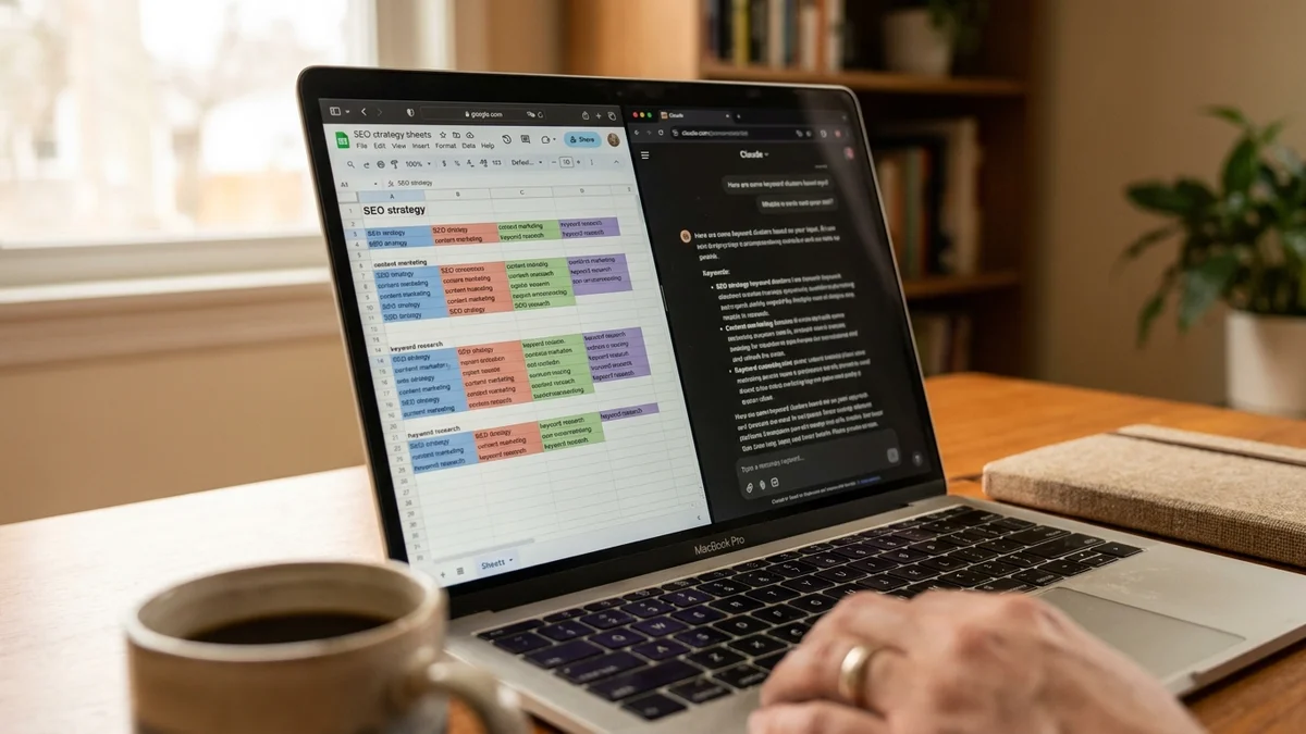 Laptop screen displaying keyword clusters in spreadsheet next to AI chat interface