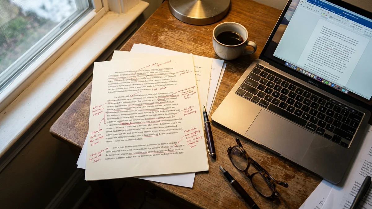 Writer editing printed AI-drafted article with red pen markup and handwritten notes