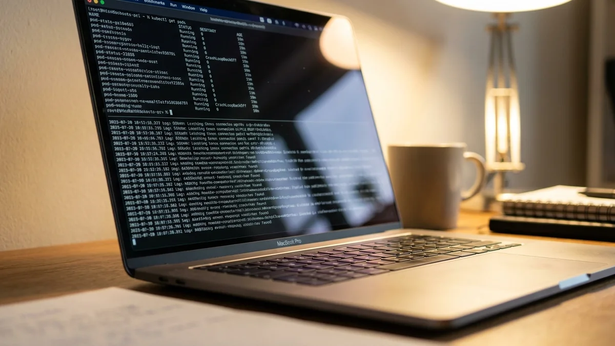 MacBook screen displaying kubectl pod status and log output in a terminal