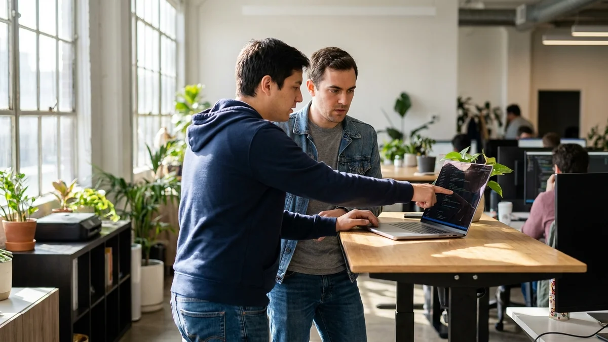Two engineers collaborating at a standing desk reviewing AI agent suggestions on a laptop
