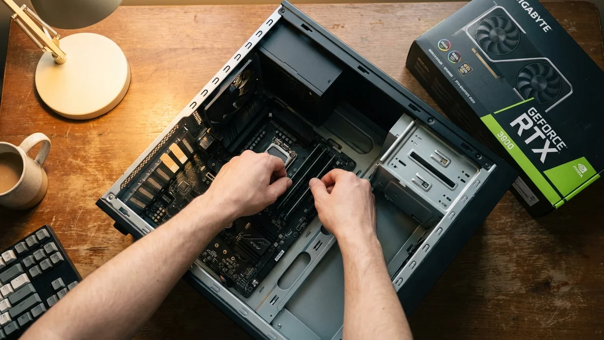 Developer installing DDR5 RAM into desktop PC for local LLM inference setup