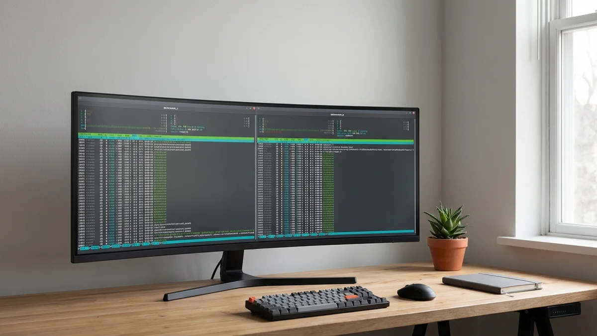 Ultrawide monitor showing two terminal windows comparing LLM inference engine outputs