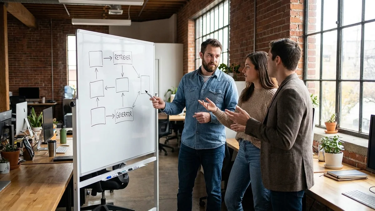Three engineers discussing RAG pipeline architecture at an office whiteboard