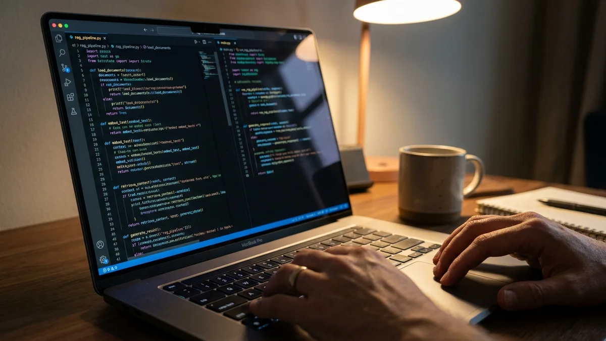 VS Code editor displaying Python RAG pipeline code with split-view file comparison
