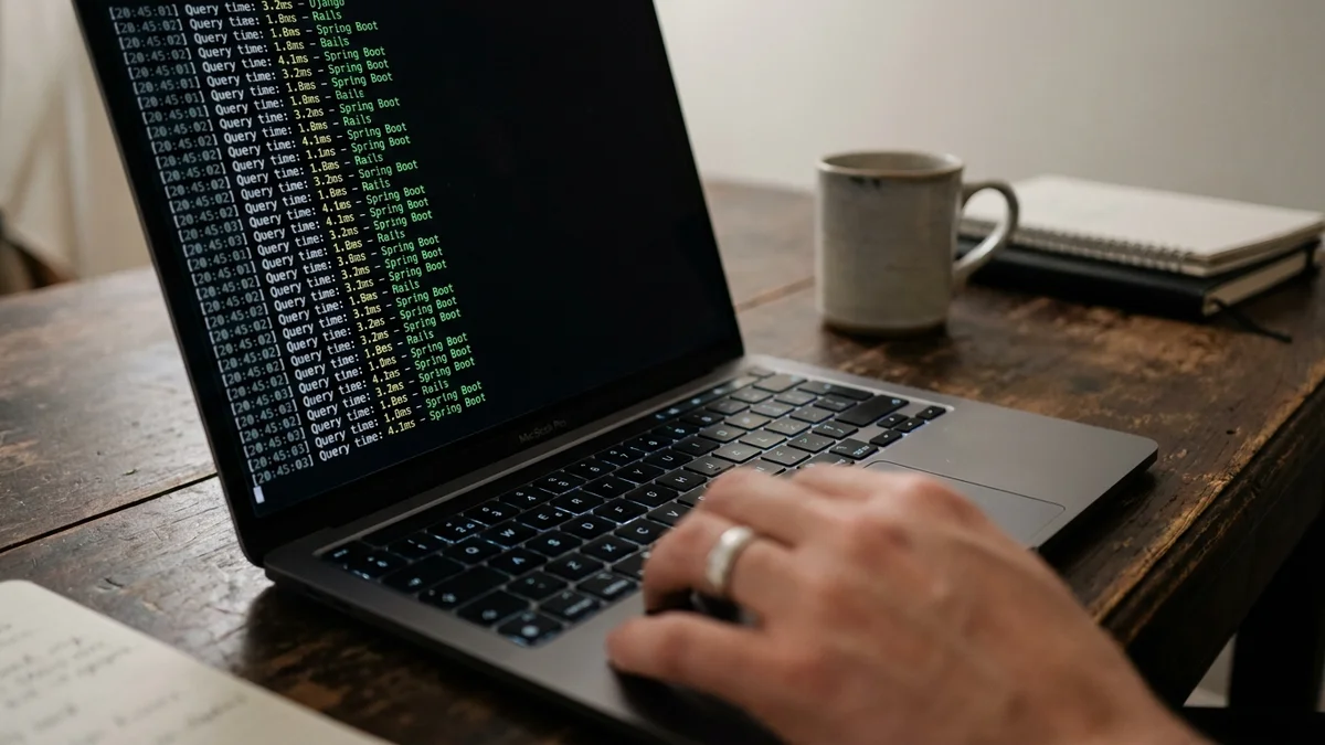 Terminal output showing RAG query benchmark timing results on a laptop
