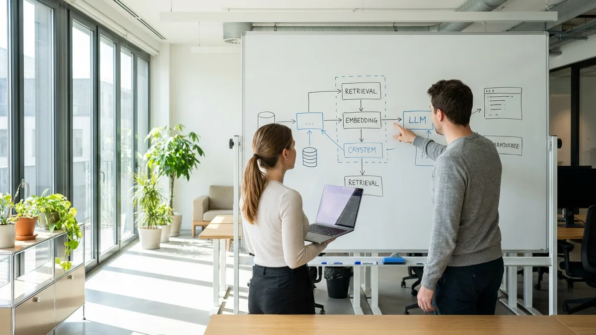 Two developers discussing RAG architecture at a whiteboard in a modern office