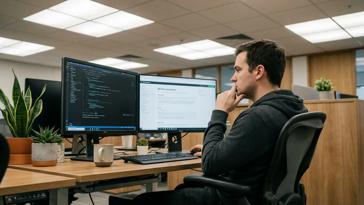 Developer leaning back in chair while reviewing code and API documentation on two monitors