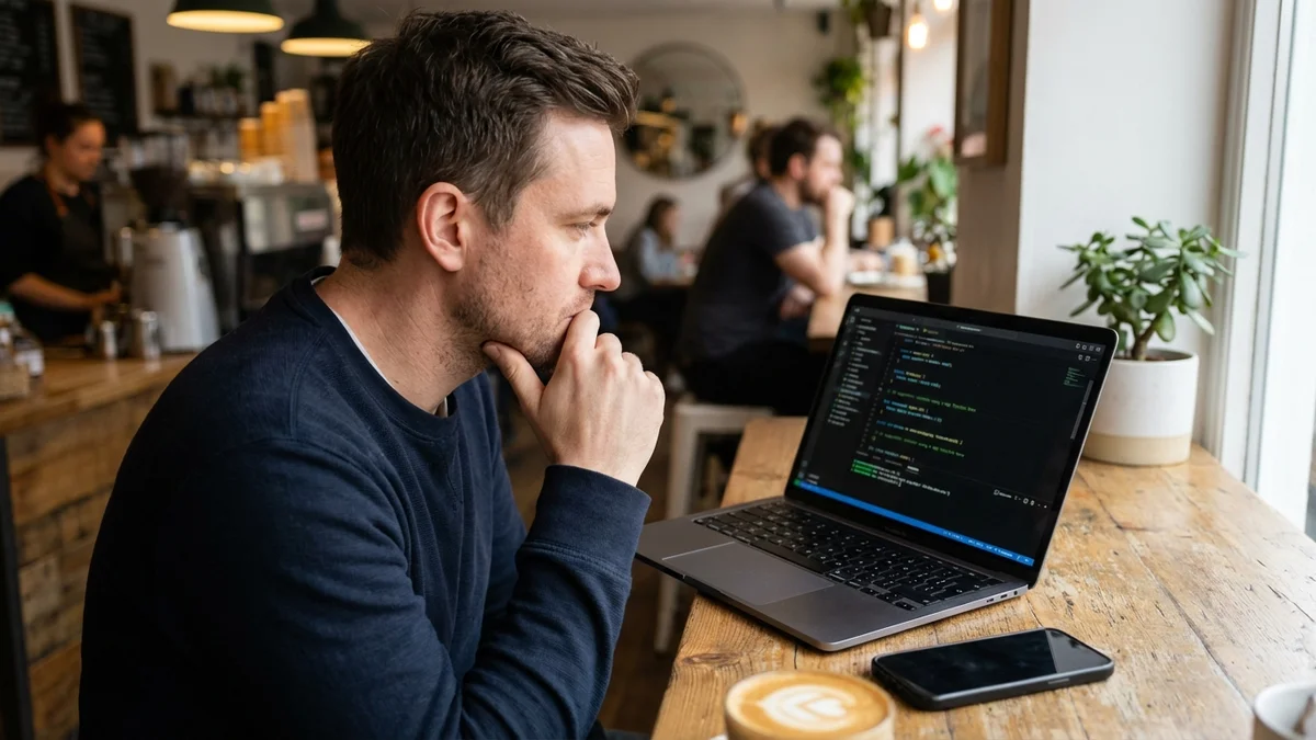 Developer thoughtfully reviewing AI coding suggestions on a laptop at a cafe