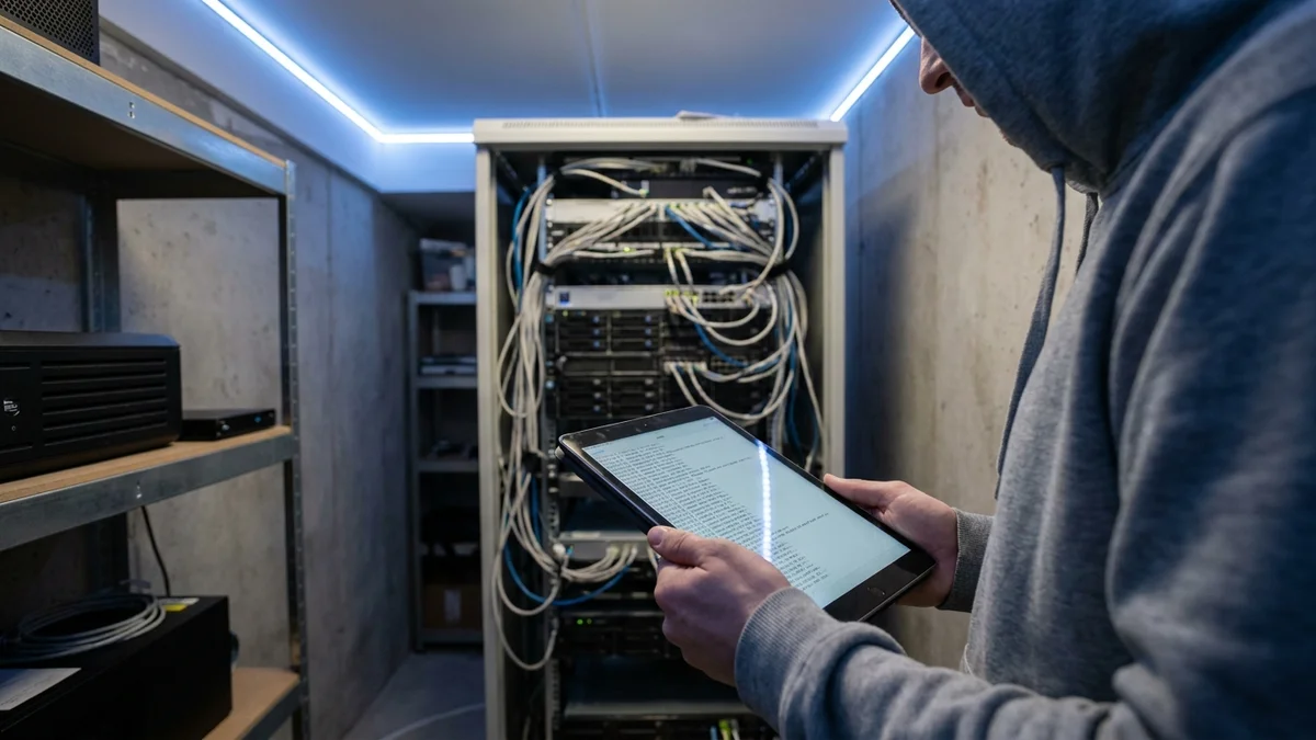 Developer holding tablet reviewing logs in a small server room