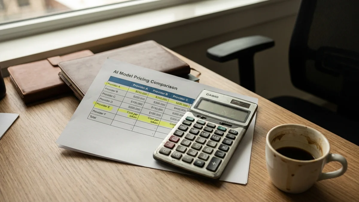 Printed AI model pricing spreadsheet with calculator and highlighter on a desk