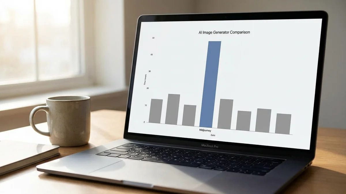 Bar chart comparing AI image generator ratings with Midjourney v7 leading at 9 out of 10