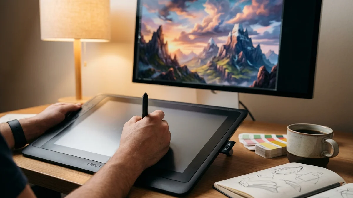 Designer workspace with graphics tablet and AI-generated landscape on monitor