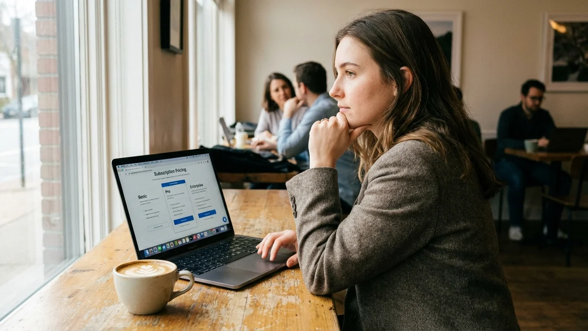Woman in cafe thoughtfully reviewing subscription pricing on laptop screen