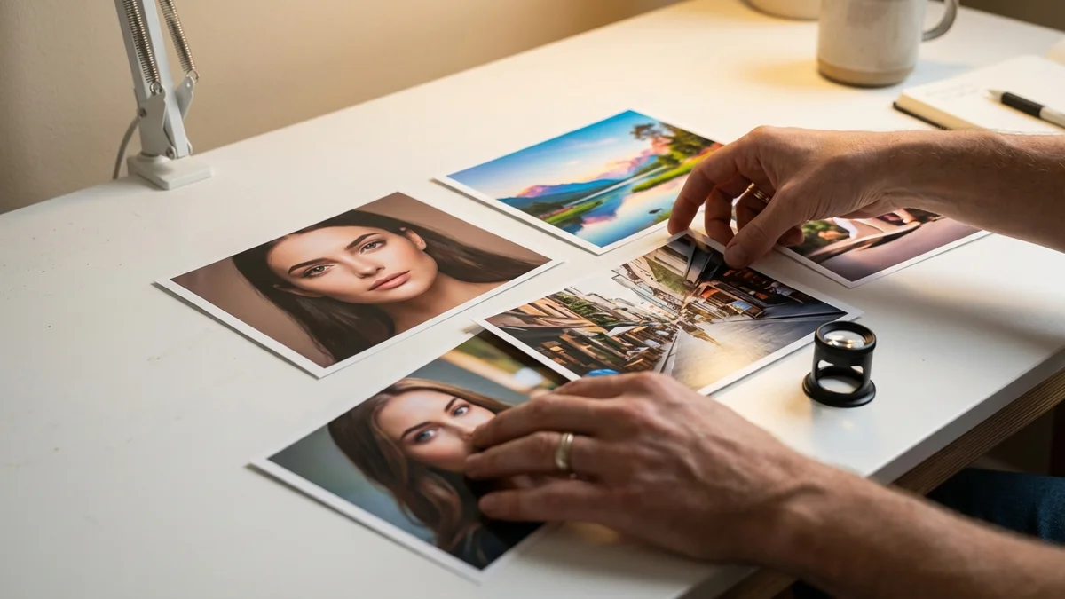 Hands sorting through printed AI-generated photographs on a clean desk