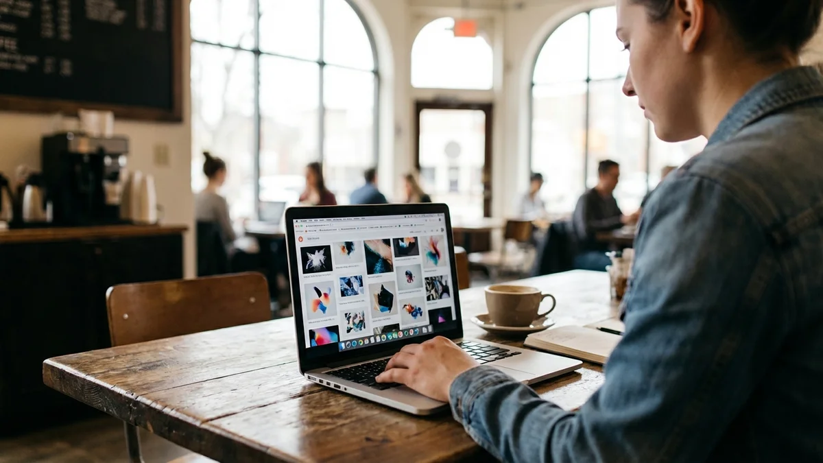 Person browsing AI art generator results on laptop in a coffee shop